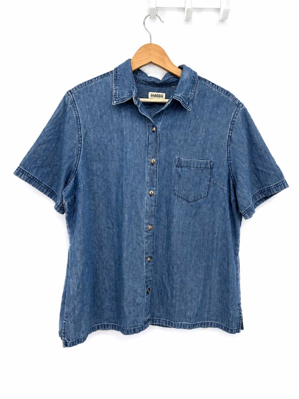 Classic Elements Blue Button Up Shirt Classic Short Sleeve Size Large Cotton